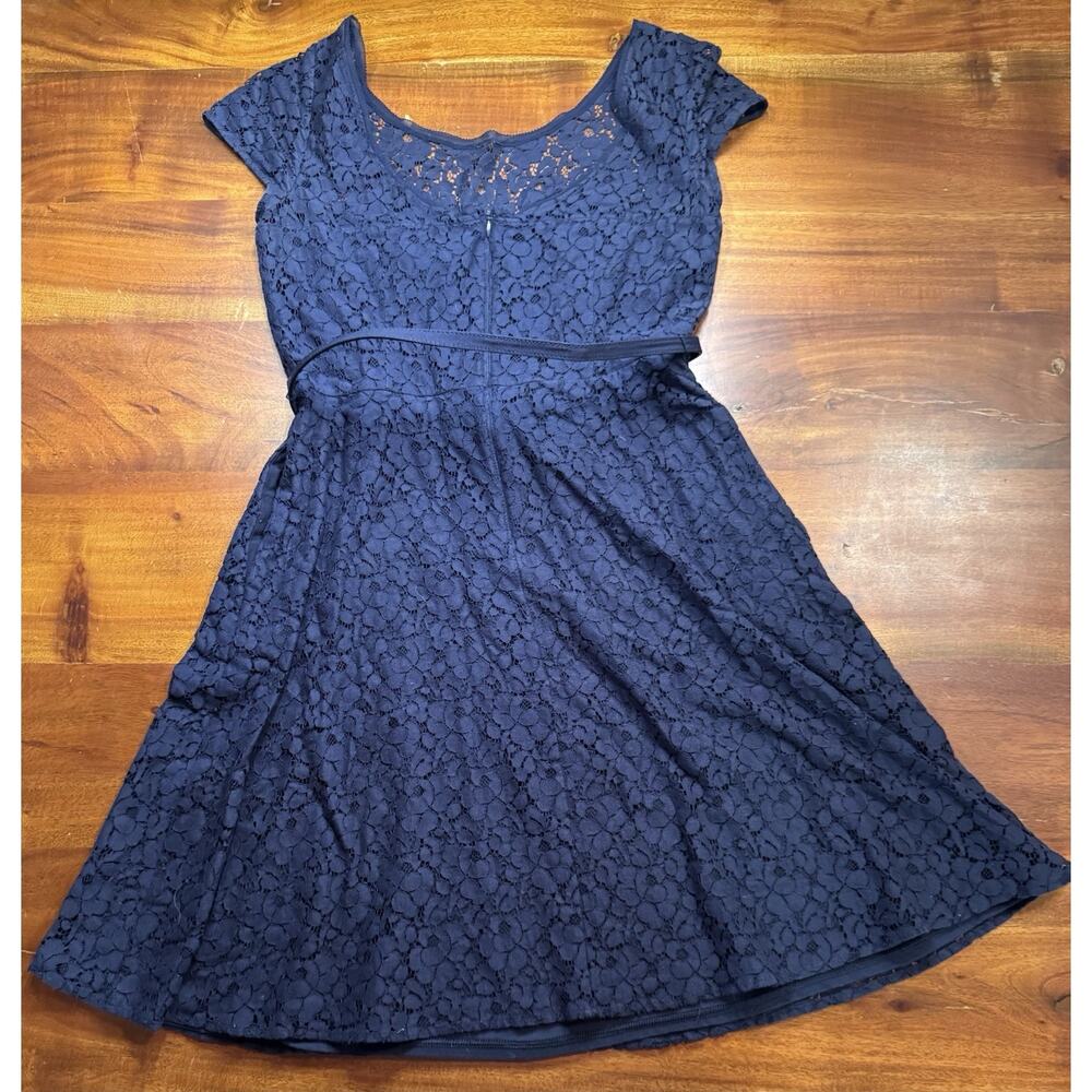 WHBM Womens Navy Lace Overlay Sleeveless Belted Fit Flare Dress Sz 10 - Picture 6 of 8